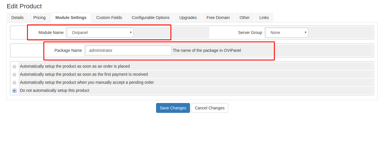 ovipanel - whmcs integration